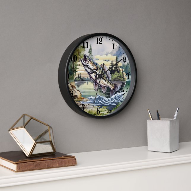 Cool fishing lovers lake watercolor  clock (Office)