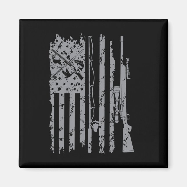 Cool Fishing Rod Hunting Rifle American Flag Gift  Magnet (Front)
