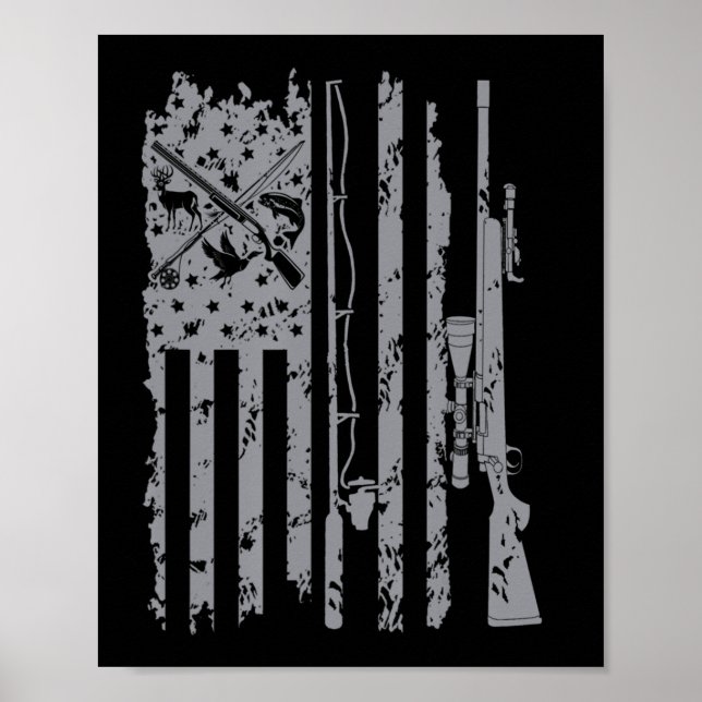 Cool Fishing Rod Hunting Rifle American Flag Gift  Poster (Front)