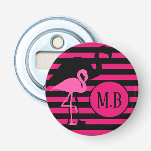 Cool Flamingo Black and Pink Stripes Monogram Bottle Opener