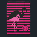 Cool Flamingo Black and Pink Stripes Monogram iPad Pro Cover<br><div class="desc">Vibrant pink and black stripes with cool flamingo silhouette design on monogrammed ipad cover.</div>
