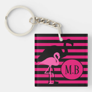 Cool Flamingo Black and Pink Stripes Monogram Key Ring
