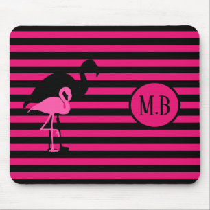 Cool Flamingo Black and Pink Stripes Monogram Mouse Pad