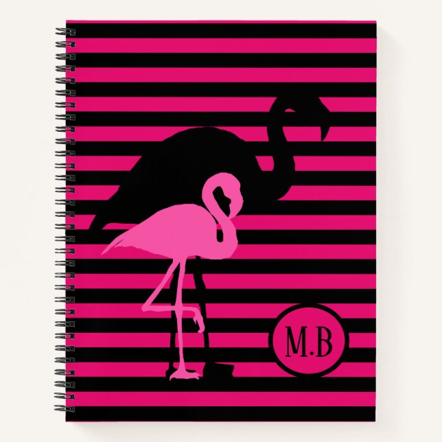 Cool Flamingo Black and Pink Stripes Monogram Notebook (Front)