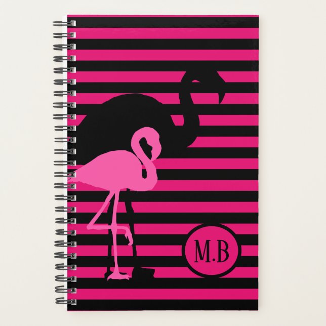 Cool Flamingo Black and Pink Stripes Monogram Planner (Front)