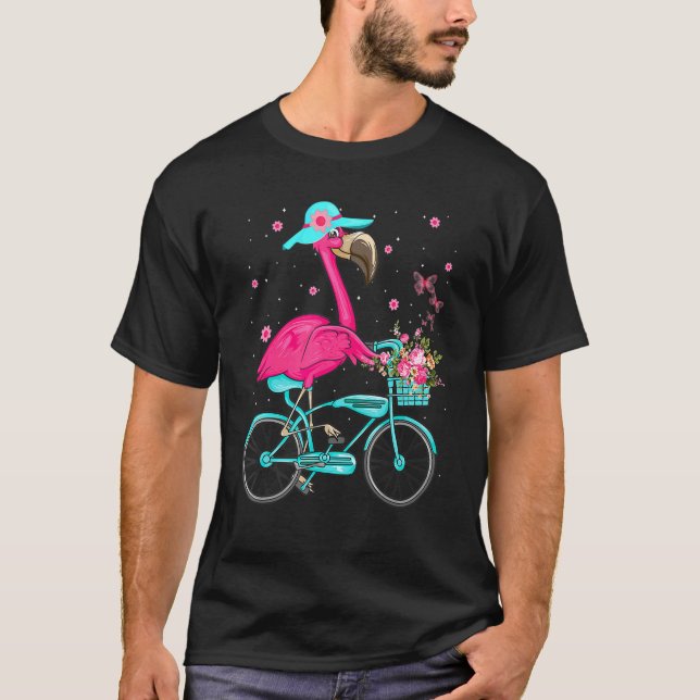 Cool Flamingo Riding A Bike Cycling Bird T-Shirt (Front)