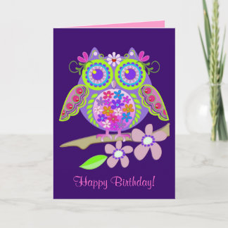 Cool Flower Power Owl Birthday card