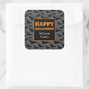 Cool Flying bats Happy Halloween Custom name grey Square Sticker