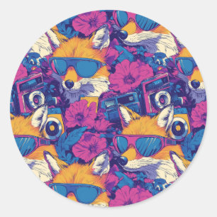 Cool Foxes with Sunglasses, Cameras, and Flowers Classic Round Sticker