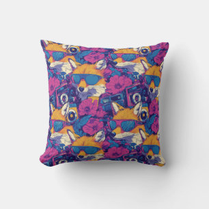 Cool Foxes with Sunglasses, Cameras, and Flowers Cushion