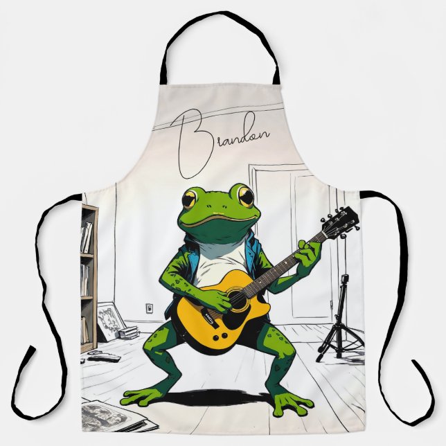 Cool Frog Playing Guitar in Bedroom Studio Apron (Front)