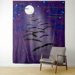 Cool Full Moon Stars Flying Bats Halloween Party Tapestry