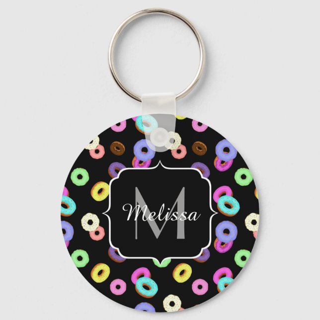 Cool fun colorful donuts pattern black Monogram Key Ring (Front)