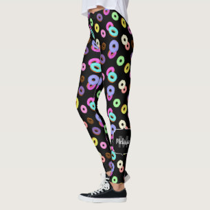 Cool fun colorful donuts pattern black Monogram  Leggings