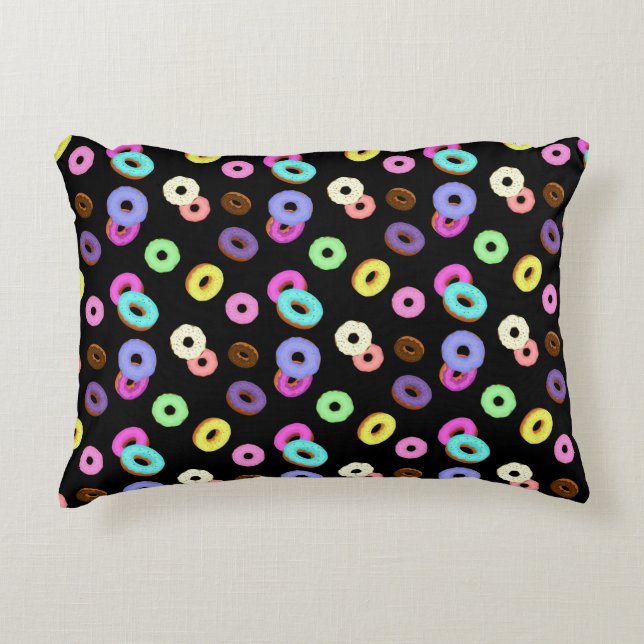 Cool fun colourful doughnuts pattern black decorative cushion (Front)
