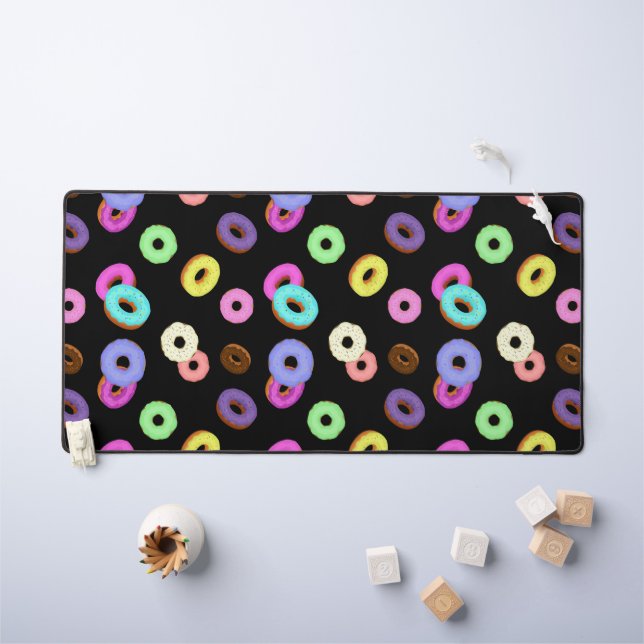Cool fun colourful doughnuts pattern black desk mat (Kids Table)