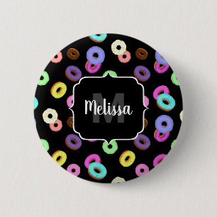 Cool fun colourful doughnuts pattern black Monogra 6 Cm Round Badge
