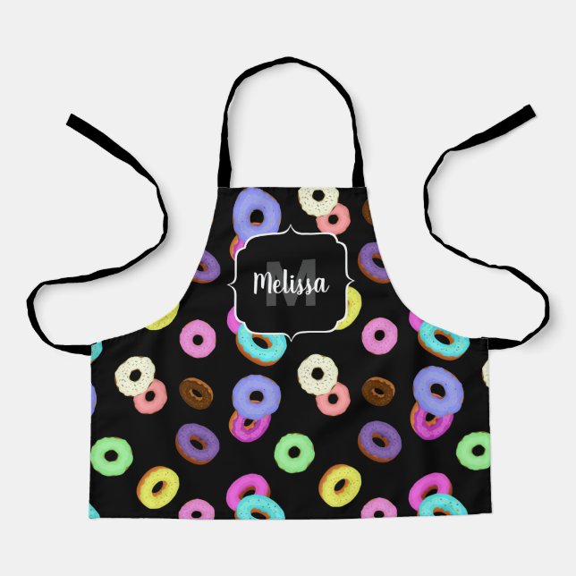 Cool fun colourful doughnuts pattern black Monogra Apron (Front)