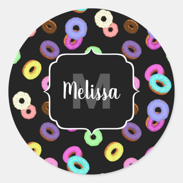 Cool fun colourful doughnuts pattern black Monogra Classic Round Sticker (Front)