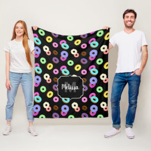 Cool fun colourful doughnuts pattern black Monogra Fleece Blanket