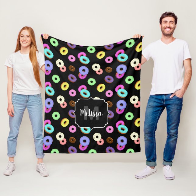 Cool fun colourful doughnuts pattern black Monogra Fleece Blanket (In Situ)