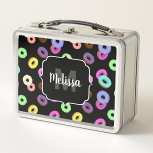Cool fun colourful doughnuts pattern black Monogra Metal Lunch Box