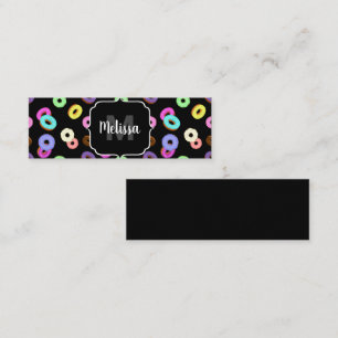 Cool fun colourful doughnuts pattern black Monogra Mini Business Card