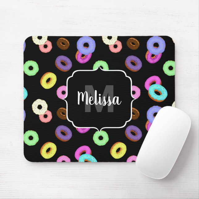 Cool fun colourful doughnuts pattern black Monogra Mouse Pad (With Mouse)