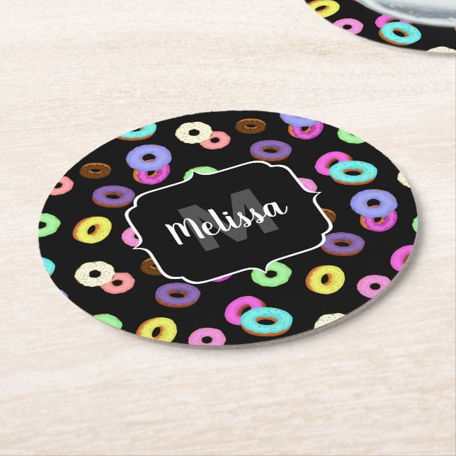 Cool fun colourful doughnuts pattern black Monogra Round Paper Coaster (Angled)