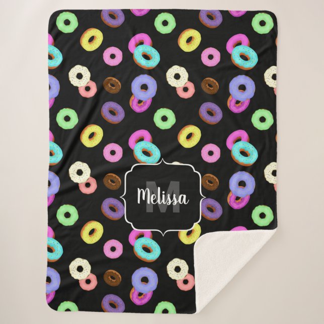 Cool fun colourful doughnuts pattern black Monogra Sherpa Blanket (Front)