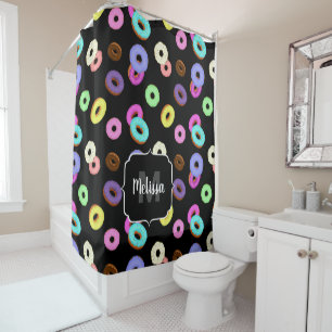 Cool fun colourful doughnuts pattern black Monogra Shower Curtain