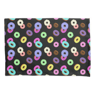 Cool fun colourful doughnuts pattern black pillowcase