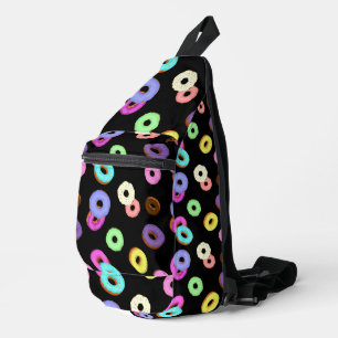 Cool fun colourful doughnuts pattern black sling bag