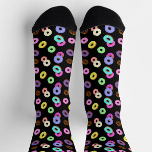 Cool fun colourful doughnuts pattern black socks