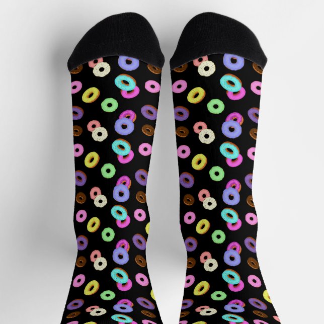 Cool fun colourful doughnuts pattern black socks (Top)