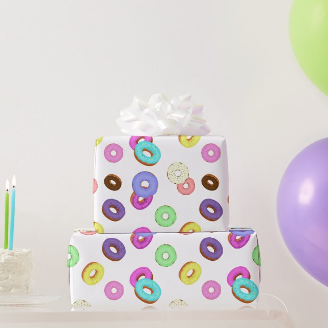 Cool fun colourful doughnuts pattern white wrapping paper (Party Gifts)