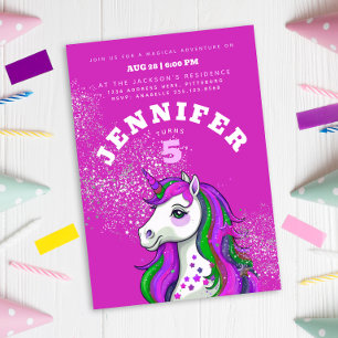 Cool Fun Colourful Pink Purple Unicorn Glitter Invitation