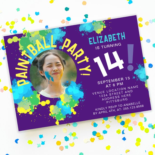 Cool Fun Colourful Purple Paintball Colour Splatte Invitation (Creator Uploaded)