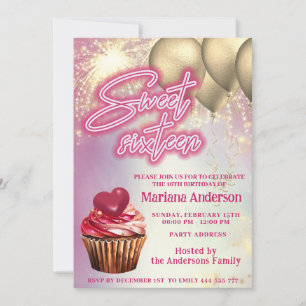 Cool fun gold balloon  sparkle fireworks cupcake invitation