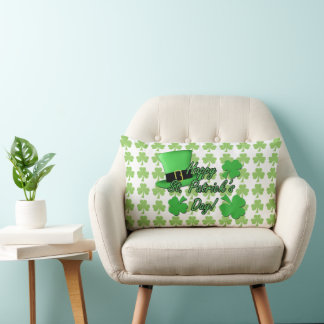 Cool fun Green top hat Shamrocks Patrick Day white Lumbar Cushion