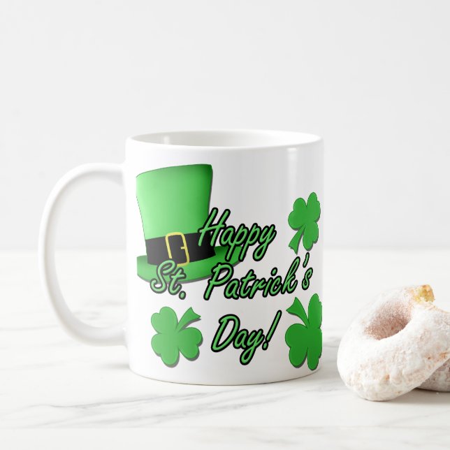 Cool fun Green top hat  Shamrocks St. Patricks Day Coffee Mug (With Donut)