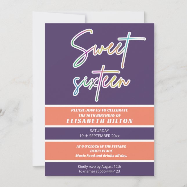 Cool fun neon typography stripes sweet 16 invitation (Front)