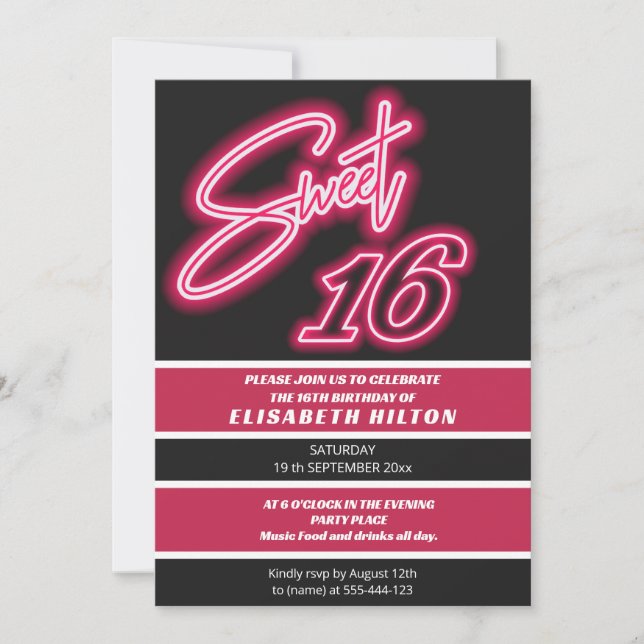Cool fun neon typography stripes sweet 16 invitation (Front)