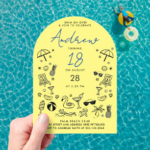 Cool Fun Neon Yellow Blue Beach Pool Party Doodle Acrylic Invitations
