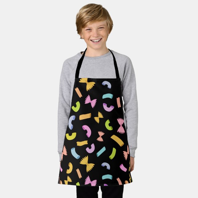Cool fun pasta macaroni colourful pattern on black apron (Worn)