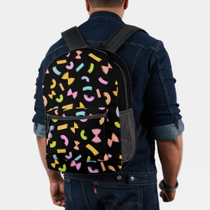 Cool fun pasta macaroni colourful pattern on black printed backpack