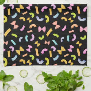 Cool fun pasta macaroni colourful pattern on Black Tea Towel
