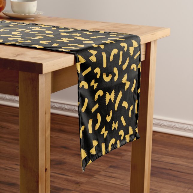 Cool fun pasta macaroni pattern on black short table runner (In Situ)