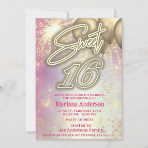 Cool fun pink gold balloon sparkle fireworks  invitation