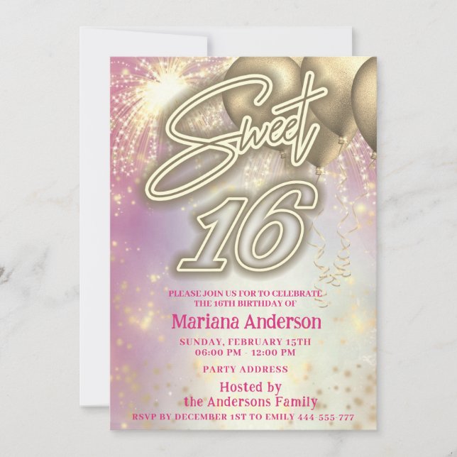Cool fun pink gold balloon sparkle fireworks  invitation (Front)